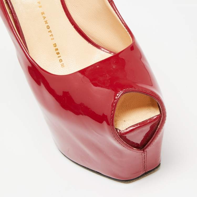 Pre Owned Giuseppe Zanotti Red Patent Leather Liza Peep-Toe Platform Pumps Size 36