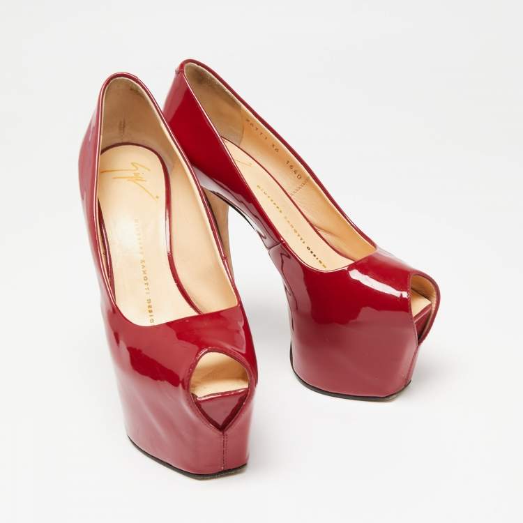 Pre Owned Giuseppe Zanotti Red Patent Leather Liza Peep-Toe Platform Pumps Size 36