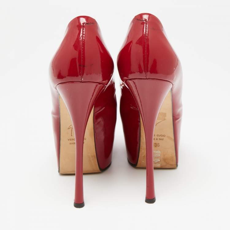 Pre Owned Giuseppe Zanotti Red Patent Leather Liza Peep-Toe Platform Pumps Size 36