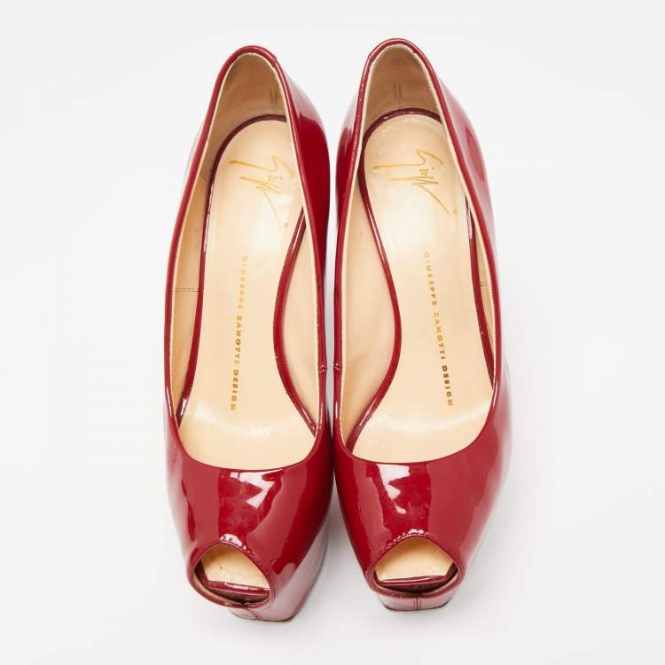 Pre Owned Giuseppe Zanotti Red Patent Leather Liza Peep-Toe Platform Pumps Size 36