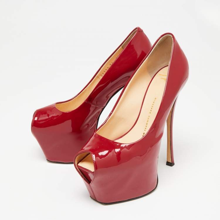 Pre Owned Giuseppe Zanotti Red Patent Leather Liza Peep-Toe Platform Pumps Size 36