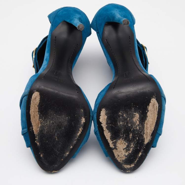 Pre Owned Giuseppe Zanotti Blue Suede Open Toe Ankle Cuff Sandals Size 40