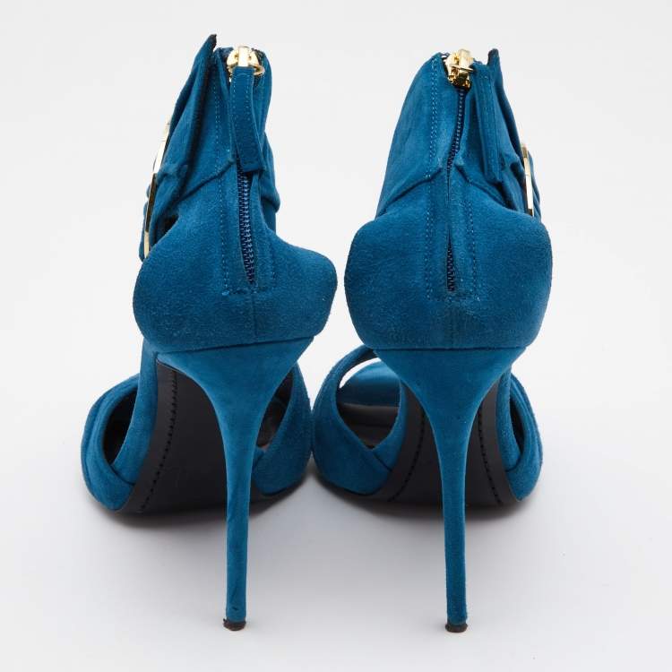 Pre Owned Giuseppe Zanotti Blue Suede Open Toe Ankle Cuff Sandals Size 40