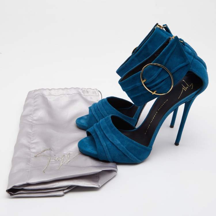 Pre Owned Giuseppe Zanotti Blue Suede Open Toe Ankle Cuff Sandals Size 40