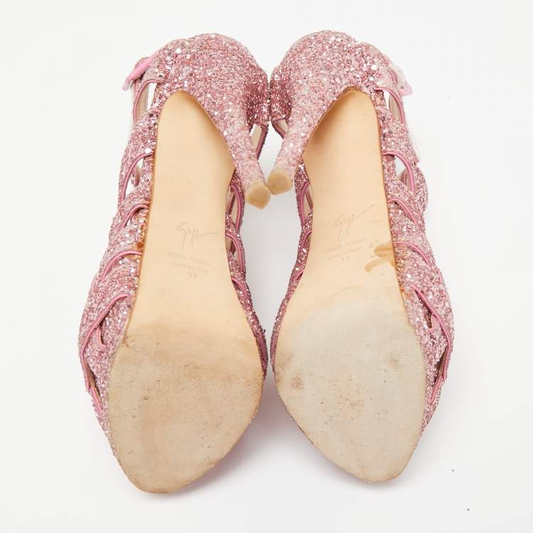 Pre Owned Giuseppe Zanotti Pink Glitter Cut Out Caged Platform Sandals Size 37