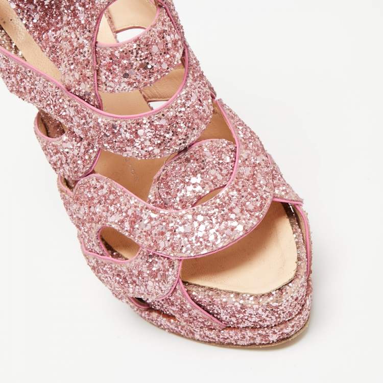 Pre Owned Giuseppe Zanotti Pink Glitter Cut Out Caged Platform Sandals Size 37