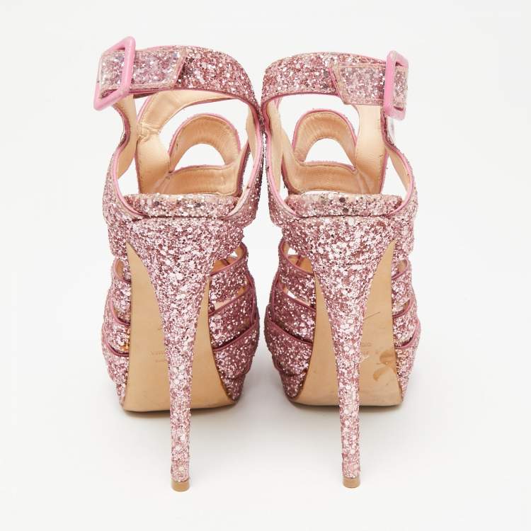 Pre Owned Giuseppe Zanotti Pink Glitter Cut Out Caged Platform Sandals Size 37
