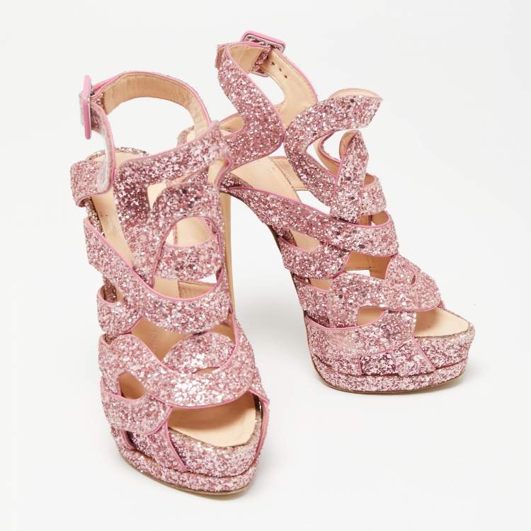 Pre Owned Giuseppe Zanotti Pink Glitter Cut Out Caged Platform Sandals Size 37