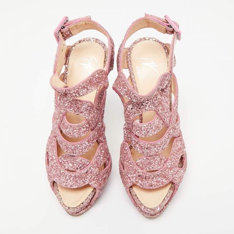 Pre Owned Giuseppe Zanotti Pink Glitter Cut Out Caged Platform Sandals Size 37