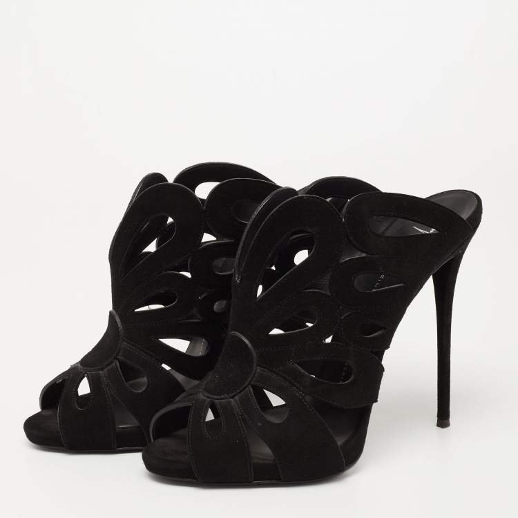 Pre Owned Giuseppe Zanotti Black  Suede Butterfly Cutout Slide Sandals Size 40