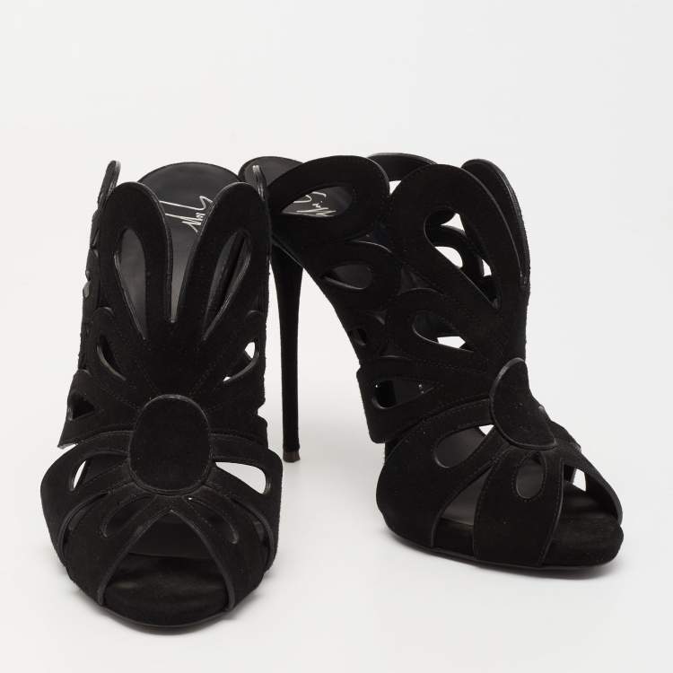 Pre Owned Giuseppe Zanotti Black  Suede Butterfly Cutout Slide Sandals Size 40