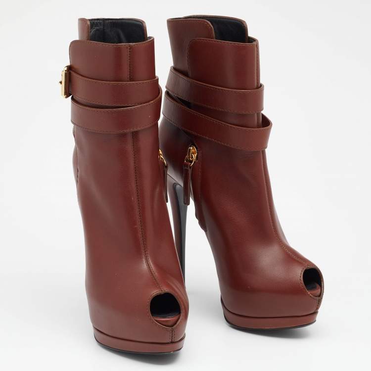 Pre Owned Giuseppe Zanotti Brown Leather Peep Toe Platform Ankle Length Boots Size 36