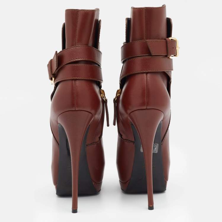 Pre Owned Giuseppe Zanotti Brown Leather Peep Toe Platform Ankle Length Boots Size 36