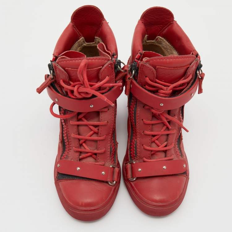 Pre Owned Giuseppe Zanotti Red Leather High Top Wedge Sneakers Size 36.5