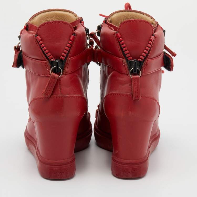 Pre Owned Giuseppe Zanotti Red Leather High Top Wedge Sneakers Size 36.5