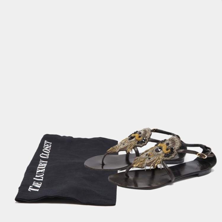 Pre Owned Giuseppe Zanotti Dark Brown Leather Embellished Applique Thong Flats Size 37