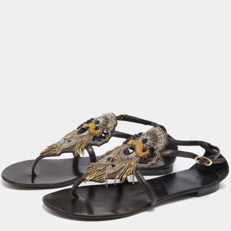 Pre Owned Giuseppe Zanotti Dark Brown Leather Embellished Applique Thong Flats Size 37