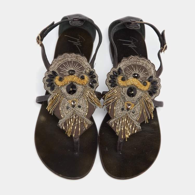 Pre Owned Giuseppe Zanotti Dark Brown Leather Embellished Applique Thong Flats Size 37
