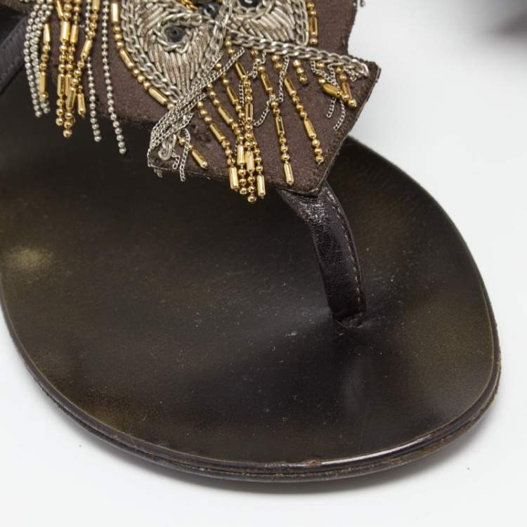 Pre Owned Giuseppe Zanotti Dark Brown Leather Embellished Applique Thong Flats Size 37