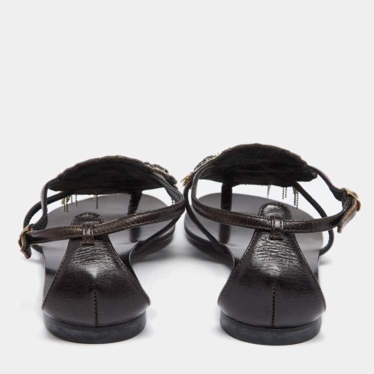 Pre Owned Giuseppe Zanotti Dark Brown Leather Embellished Applique Thong Flats Size 37
