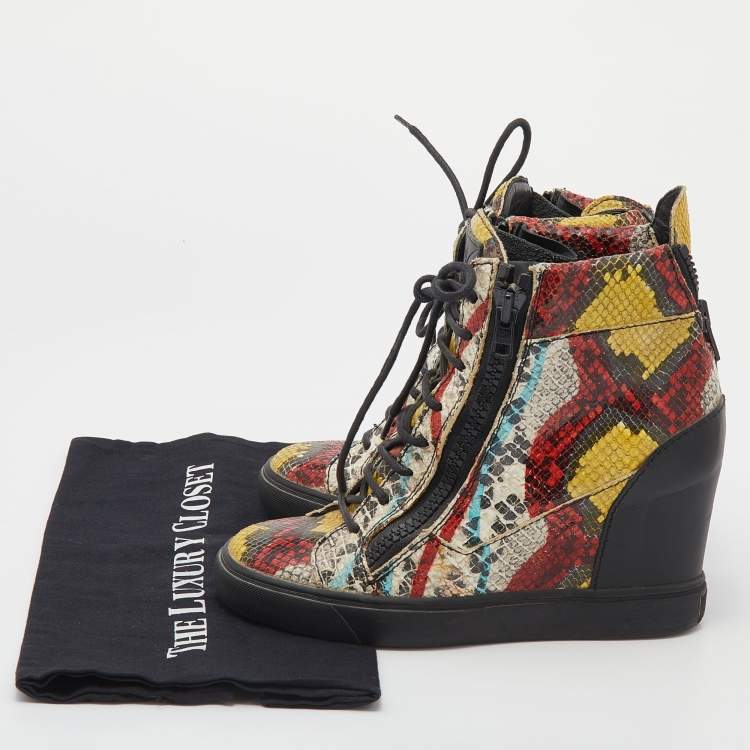 Pre Owned Giuseppe Zanotti Multicolor Snakeskin Embossed Leather High Toe Wedge Sneakers Size 39