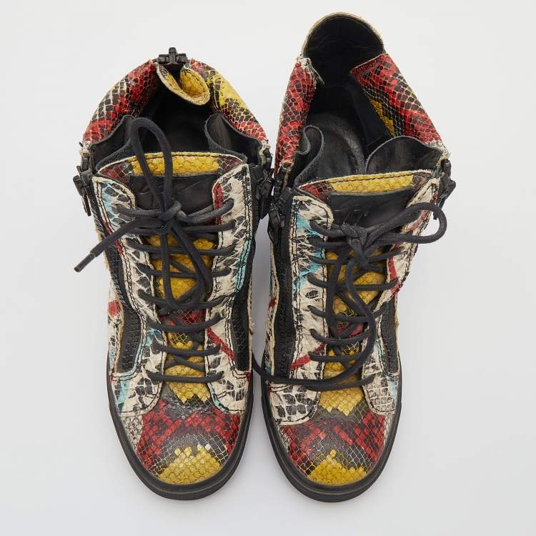 Pre Owned Giuseppe Zanotti Multicolor Snakeskin Embossed Leather High Toe Wedge Sneakers Size 39
