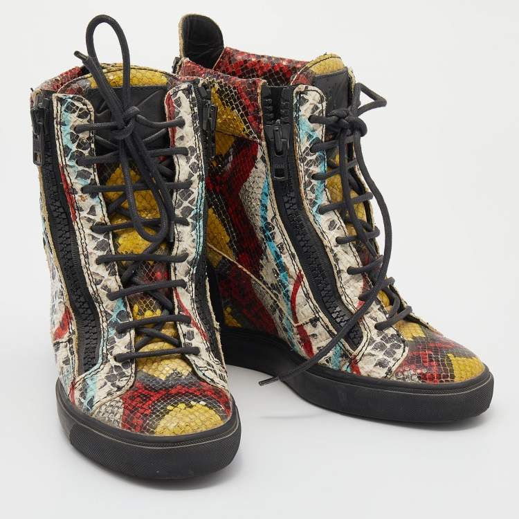 Pre Owned Giuseppe Zanotti Multicolor Snakeskin Embossed Leather High Toe Wedge Sneakers Size 39