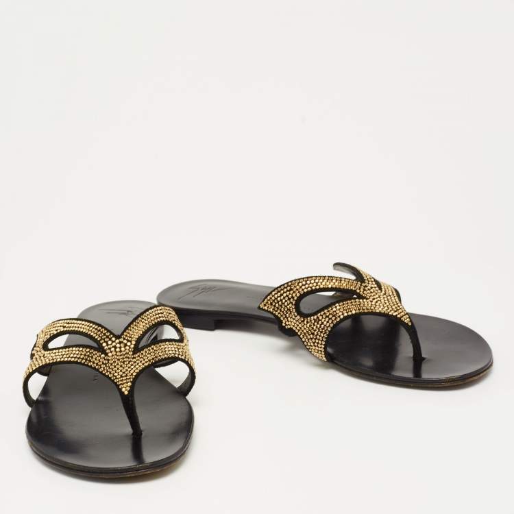 Pre Owned Giuseppe Zanotti Black Studded Suede Flat Thong Slides Size 38
