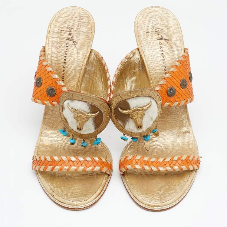 Pre Owned Giuseppe Zanotti Orange/Gold Python Embossed Leather Slides Sandals 37