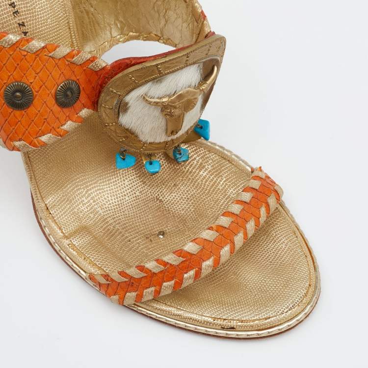 Pre Owned Giuseppe Zanotti Orange/Gold Python Embossed Leather Slides Sandals 37