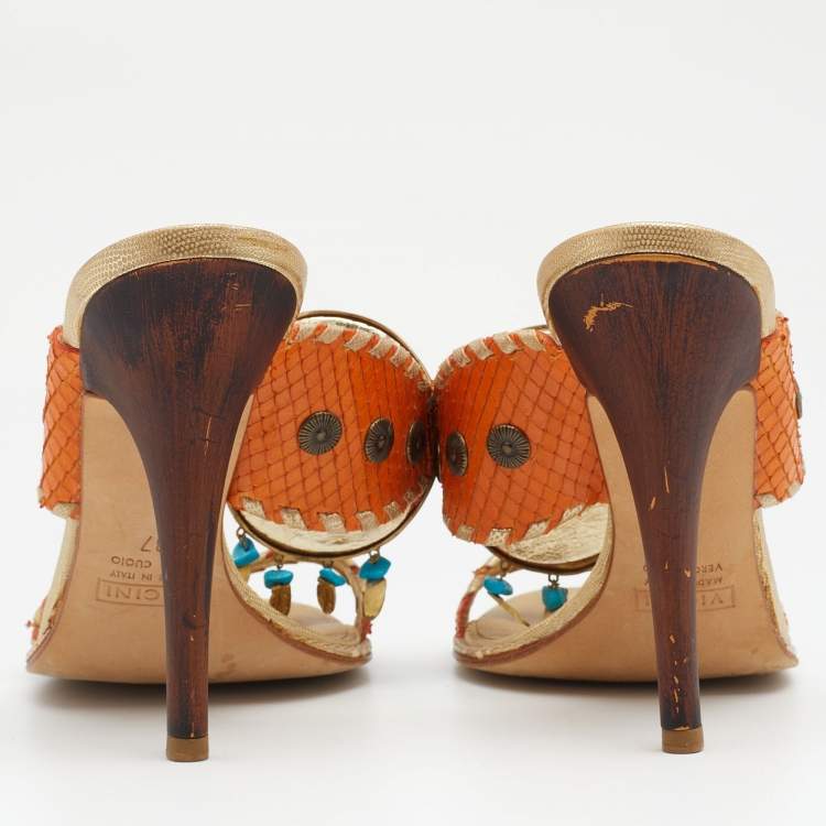 Pre Owned Giuseppe Zanotti Orange/Gold Python Embossed Leather Slides Sandals 37