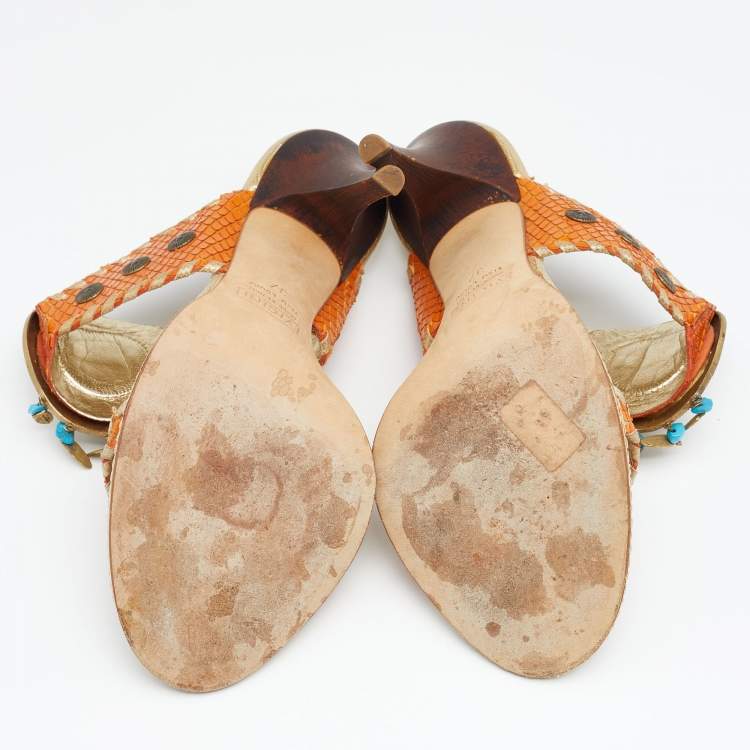 Pre Owned Giuseppe Zanotti Orange/Gold Python Embossed Leather Slides Sandals 37