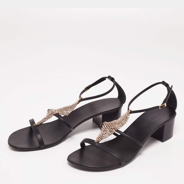 Pre Owned Giuseppe Zanotti Black Leather Crystal Embellished Ankle-Strap Sandals Size 39.5