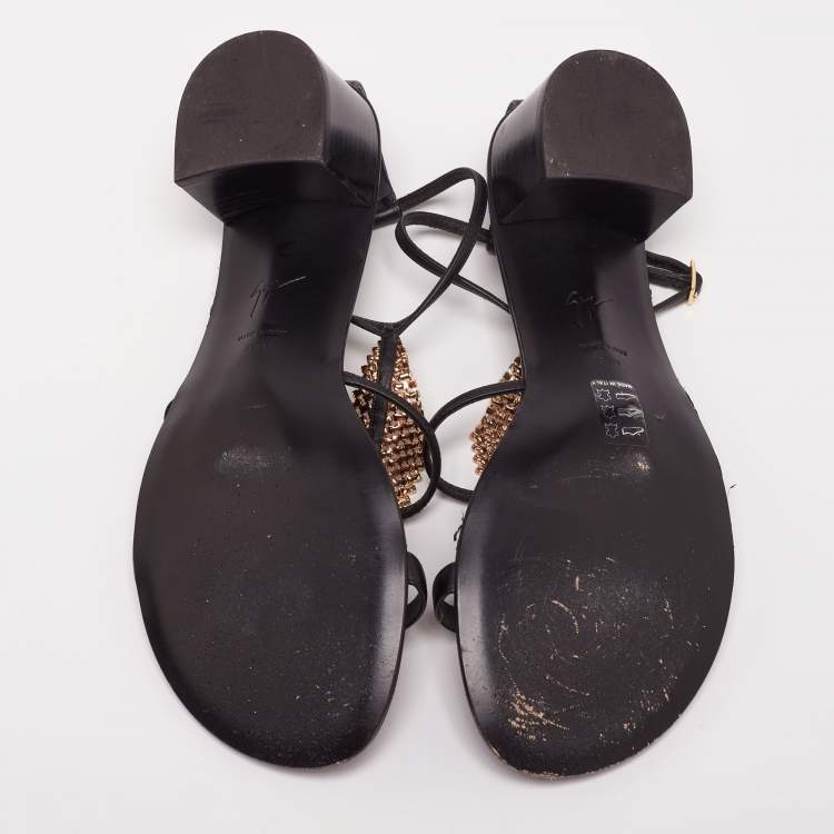 Pre Owned Giuseppe Zanotti Black Leather Crystal Embellished Ankle-Strap Sandals Size 39.5