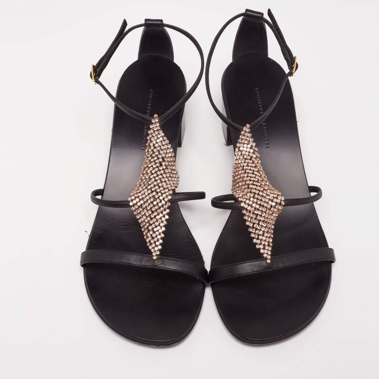 Pre Owned Giuseppe Zanotti Black Leather Crystal Embellished Ankle-Strap Sandals Size 39.5