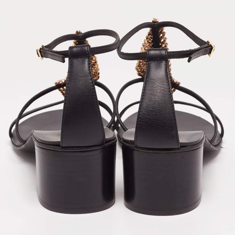 Pre Owned Giuseppe Zanotti Black Leather Crystal Embellished Ankle-Strap Sandals Size 39.5