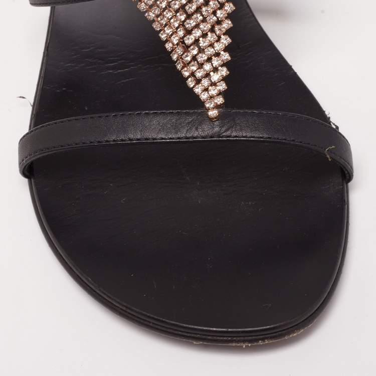 Pre Owned Giuseppe Zanotti Black Leather Crystal Embellished Ankle-Strap Sandals Size 39.5