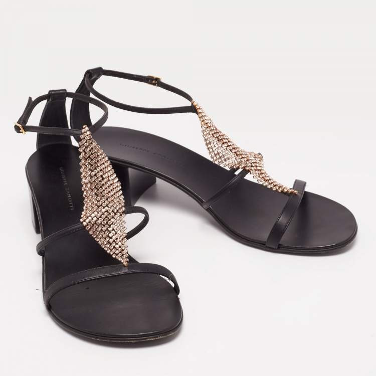 Pre Owned Giuseppe Zanotti Black Leather Crystal Embellished Ankle-Strap Sandals Size 39.5