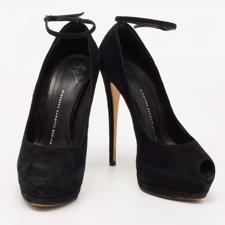 Pre Owned Giuseppe Zanotti Black Suede Peep-Toe Ankle-Strap Platform Pumps Size 39