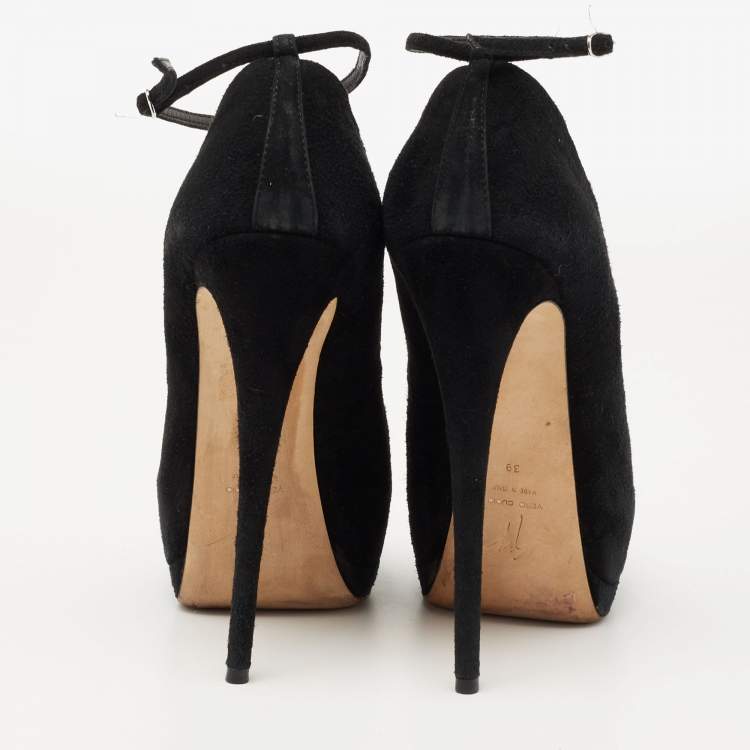 Pre Owned Giuseppe Zanotti Black Suede Peep-Toe Ankle-Strap Platform Pumps Size 39