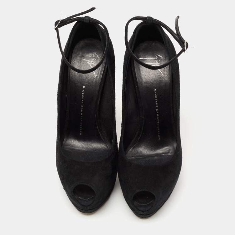 Pre Owned Giuseppe Zanotti Black Suede Peep-Toe Ankle-Strap Platform Pumps Size 39