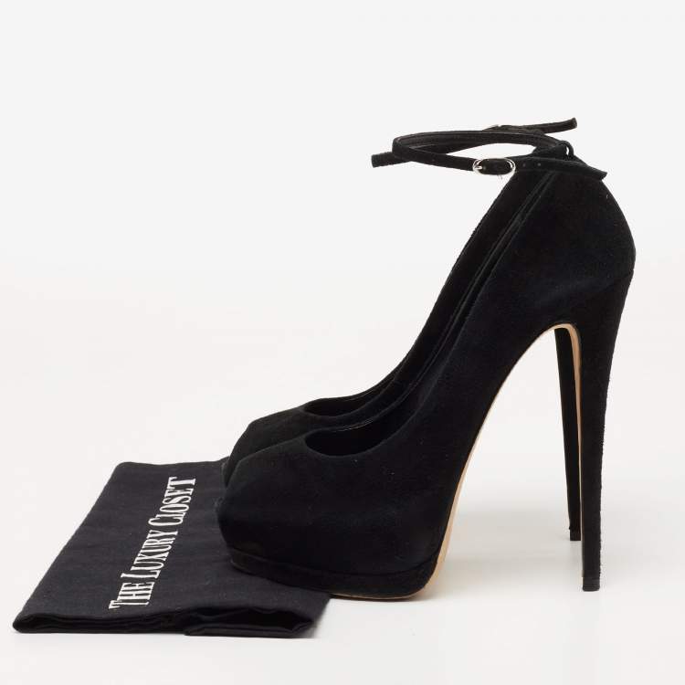 Pre Owned Giuseppe Zanotti Black Suede Peep-Toe Ankle-Strap Platform Pumps Size 39