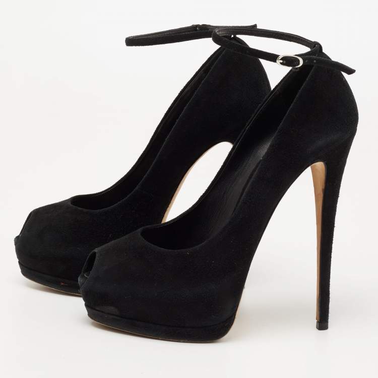 Pre Owned Giuseppe Zanotti Black Suede Peep-Toe Ankle-Strap Platform Pumps Size 39