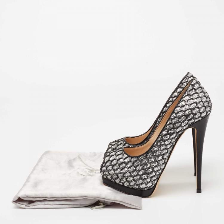 Pre Owned Giuseppe Zanotti Black Glitter And Lace Peep Toe Platform Pumps Size 37.5