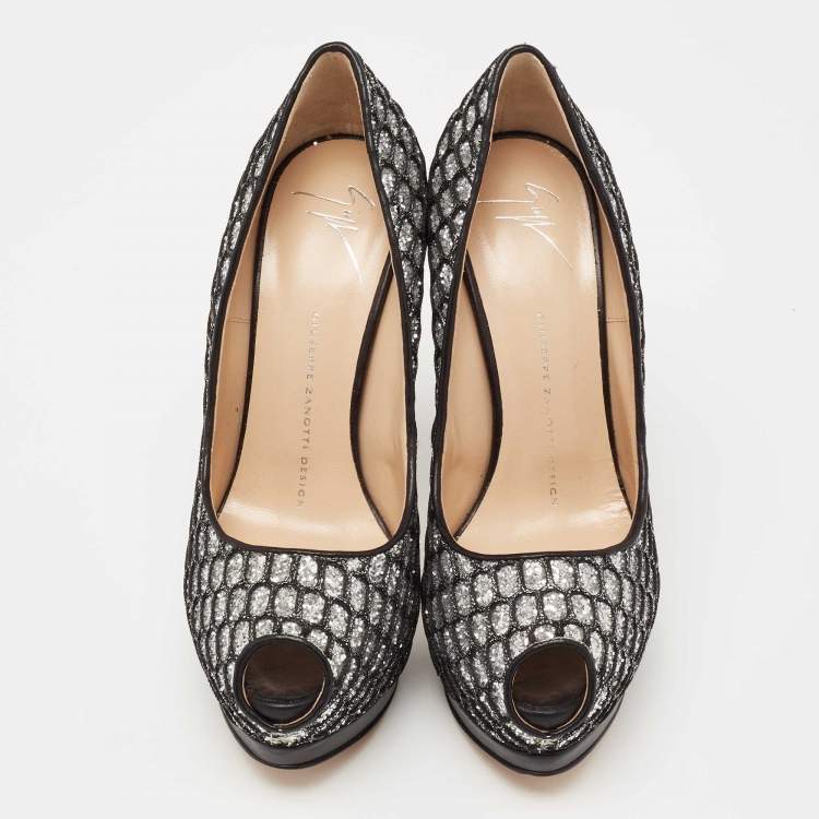 Pre Owned Giuseppe Zanotti Black Glitter And Lace Peep Toe Platform Pumps Size 37.5