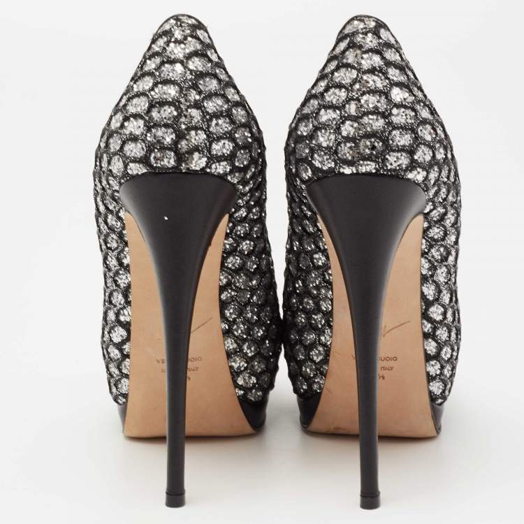 Pre Owned Giuseppe Zanotti Black Glitter And Lace Peep Toe Platform Pumps Size 37.5
