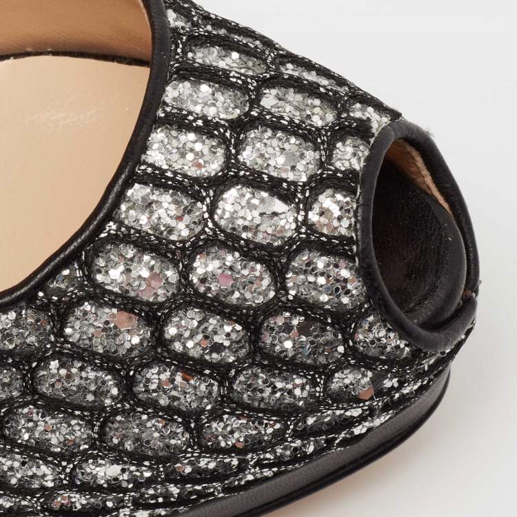 Pre Owned Giuseppe Zanotti Black Glitter And Lace Peep Toe Platform Pumps Size 37.5