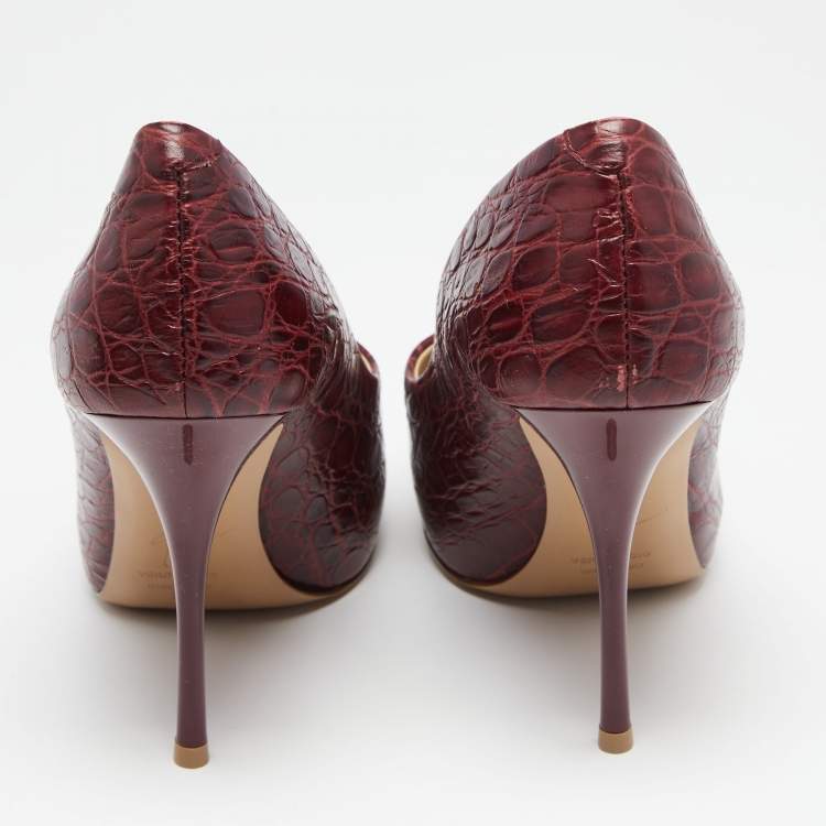 مملوكة مسبقًا Giuseppe Zanotti Burgundy Croc Embossed Leather Sharon Platform Peep Toe Pumps Size 39