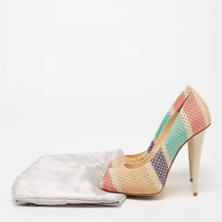 Pre Owned Giuseppe Zanotti Multicolor Studded Leather Peep-Toe Pumps Size 38