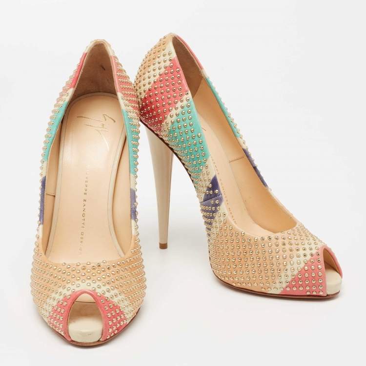 Pre Owned Giuseppe Zanotti Multicolor Studded Leather Peep-Toe Pumps Size 38